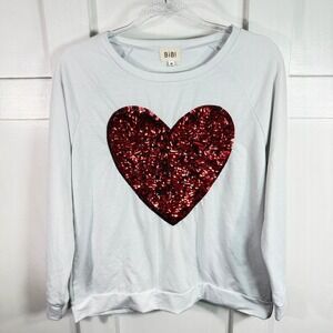 BiBi Light Blue Long Sleeve Raglan Sweatshirt Red Sequin Heart Graphic Size M